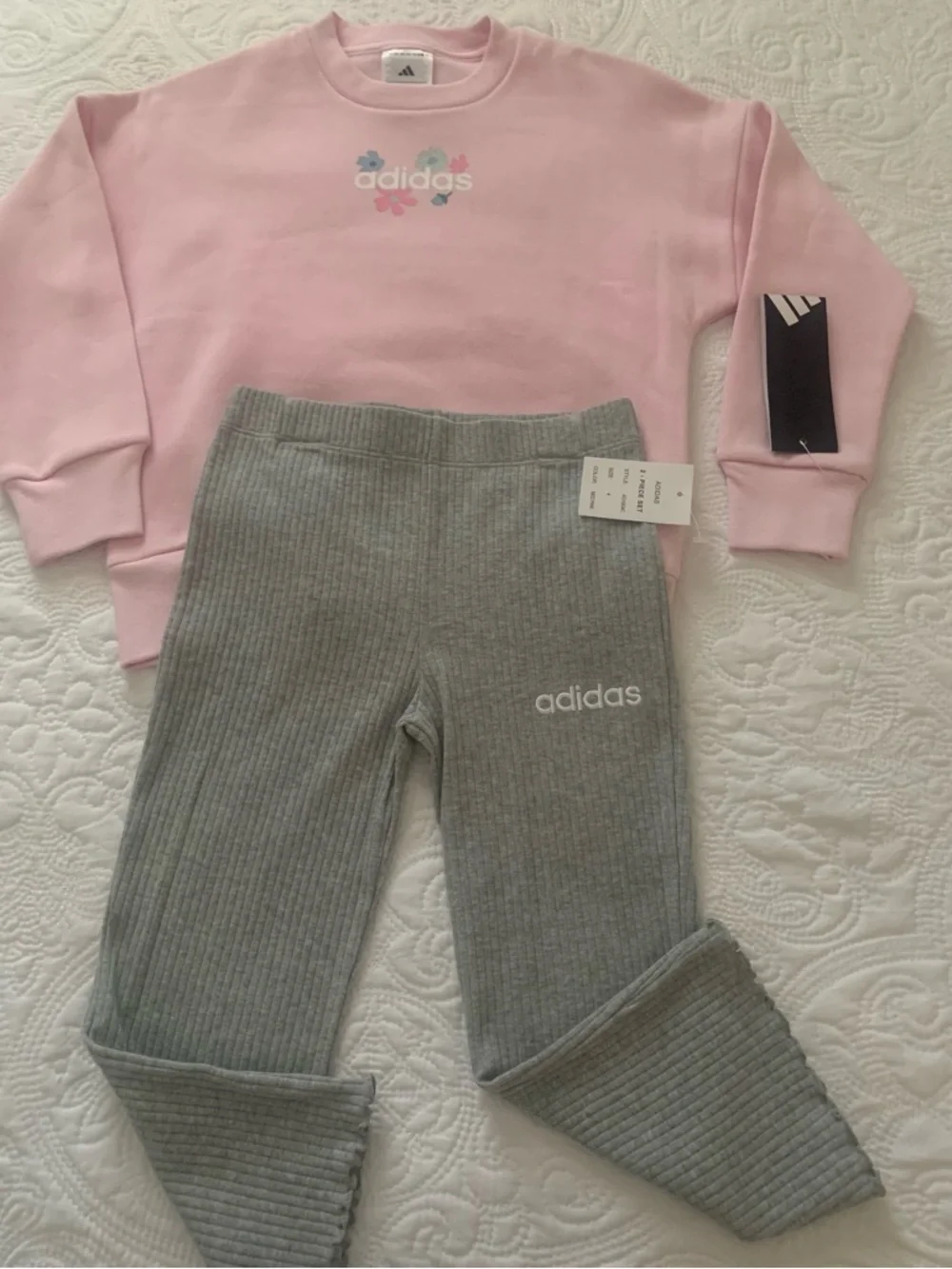 adidas girl’s Pink Crewneck Sweatshirt and Gray Ribbed Leggings Set